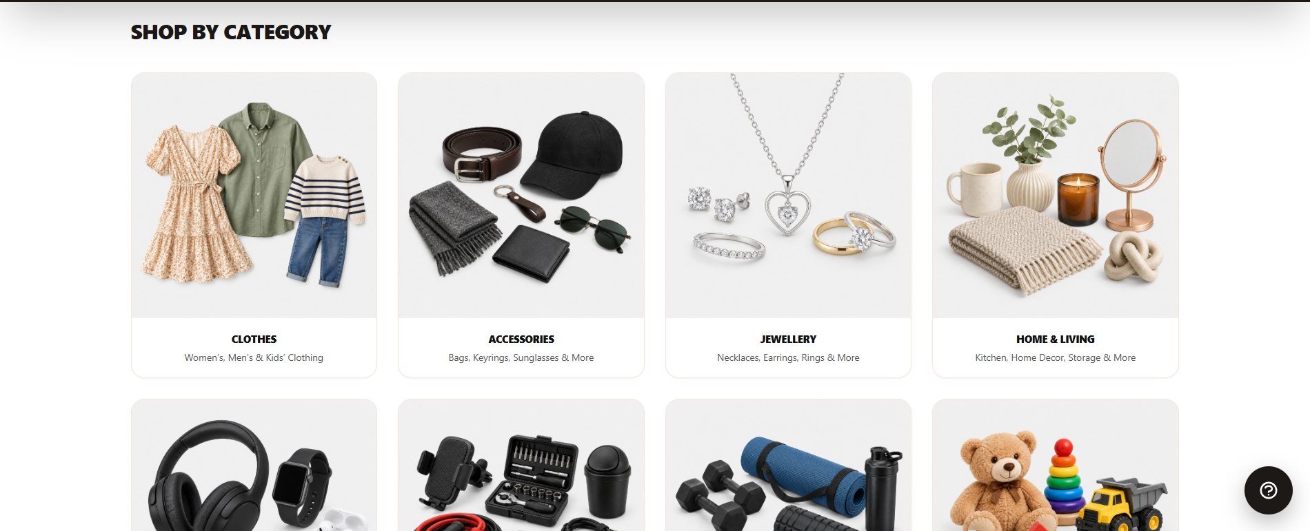 Back On Sale shop by category grid, showing Clothes, Accessories, Jewellery, Home and Living and more categories
