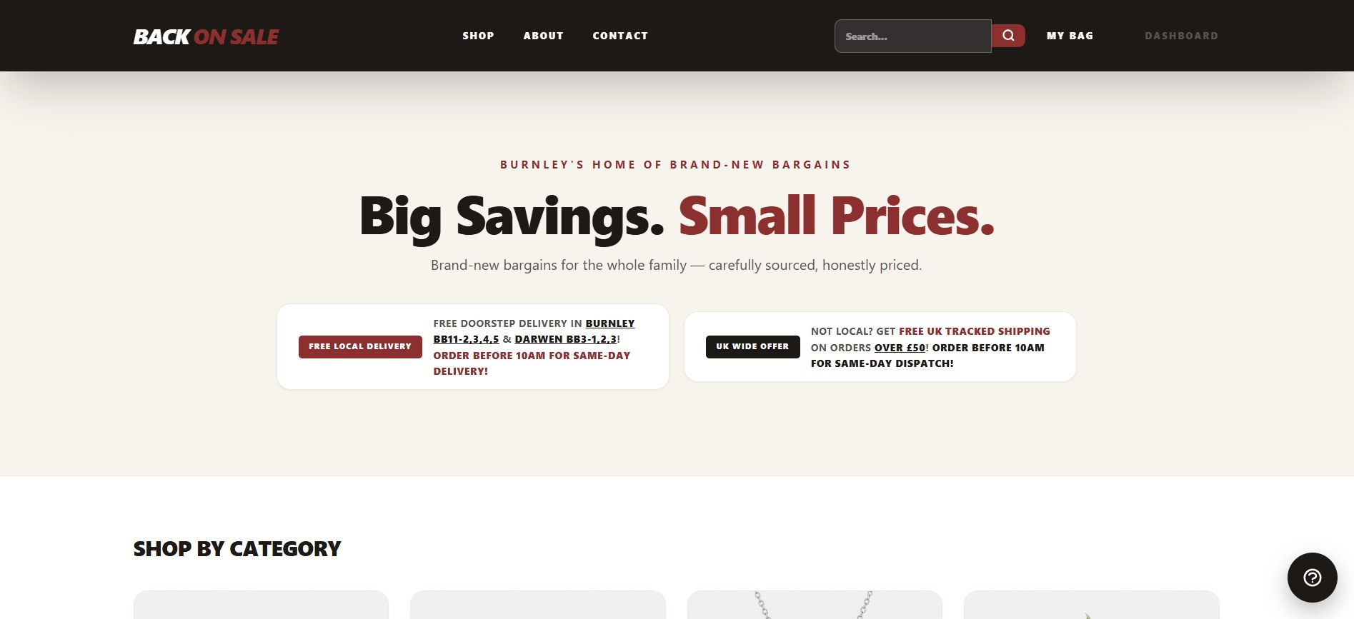 Back On Sale homepage, showing the Big Savings, Small Prices hero banner with free local delivery and UK-wide shipping offers