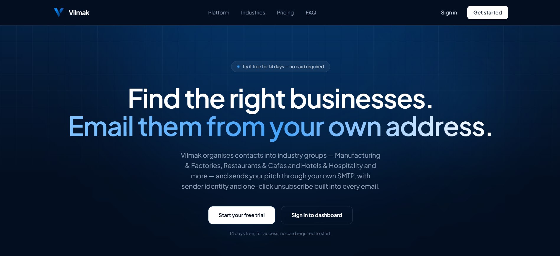 Vilmak Outreach homepage hero, reading Find the right businesses, email them from your own address